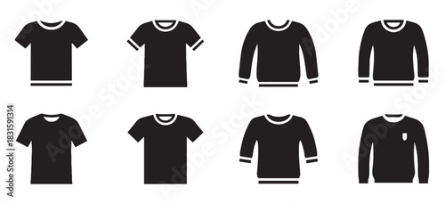 Collection of black clothing icons featuring t-shirts and sweaters in various styles, presented as a minimalist glyph set for apparel and fashion concepts in a flat vector illustration