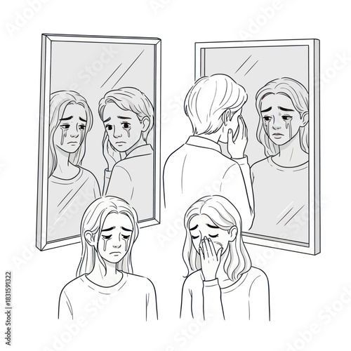 Illustration of a Sad Woman Reflecting in Mirrors.