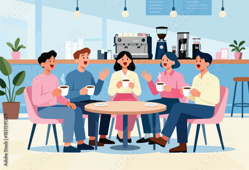 A flat illustration depicts five people gathered around a table, sipping coffee and conversing in a cafe setting