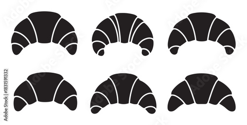 Set of six black croissant icons with white line details in a minimalist graphic style, representing a collection of simple pastry symbols for a bakery or cafe menu