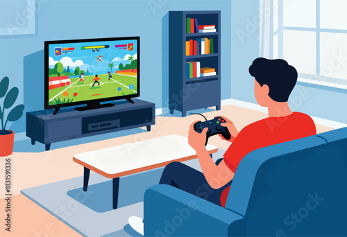 A person sitting on a blue couch holding a gamepad, watching a soccer game on a TV inside a room