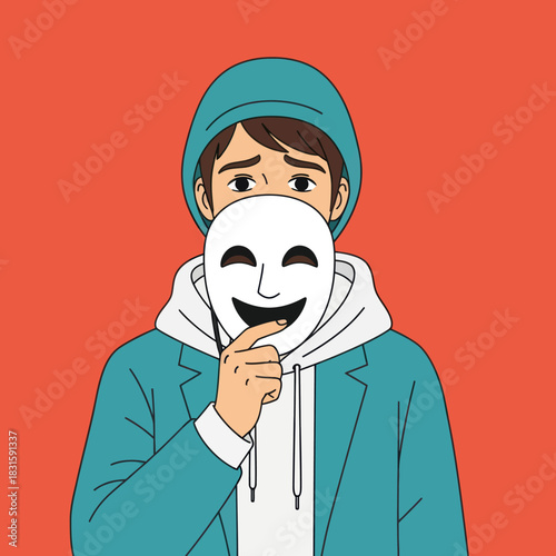 Man holding a smiling mask hiding his true emotions.