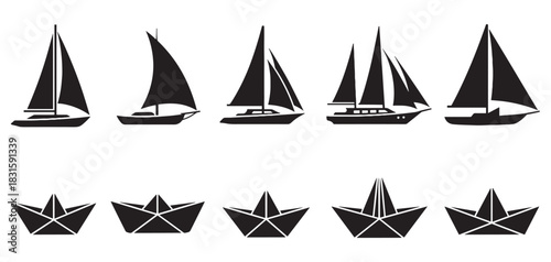 Collection of black sailboat and paper boat silhouettes arranged in two rows, featuring various yacht designs and folded origami crafts in a clean, minimalist graphic style