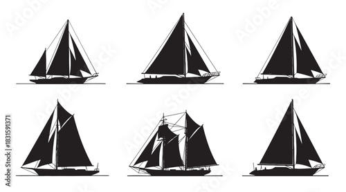 Collection of six black sailboat silhouettes in various designs, including schooners and sloops, presented as a graphic vector illustration set for maritime and nautical concepts