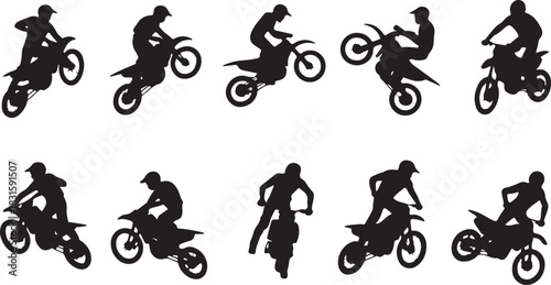 Collection of silhouetted motocross riders performing jumps and tricks