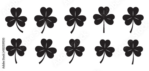 Set of ten black shamrock icons arranged in two rows, featuring a simple three-leaf clover design with a stem, symbolizing luck and Saint Patrick's Day in a minimalist graphic style