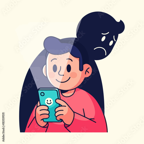 Man with phone showing happy face while his shadow is sad.