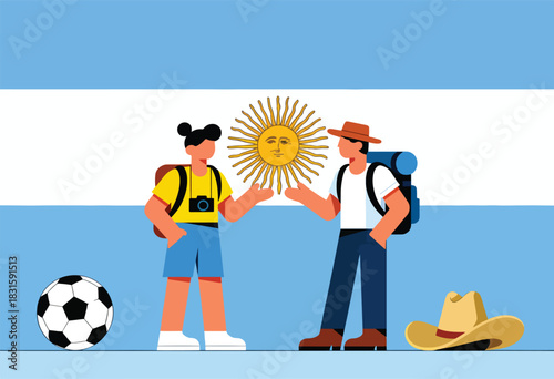 Illustration of two tourists near an Argentinian flag, a soccer ball, and a hat