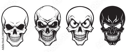 Four black and white evil skull illustrations in a graphic tattoo style with angry expressions, a collection of vector designs for horror or heavy metal themes