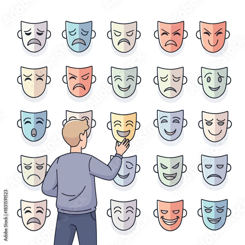 Man Choosing a Mask - Exploring Emotions and Identity.