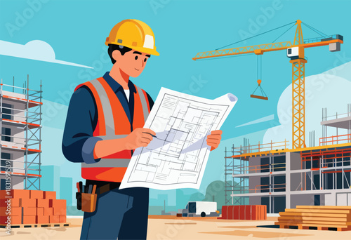 An illustrated construction worker inspects blueprints at a building site, crane overhead, and unfinished buildings