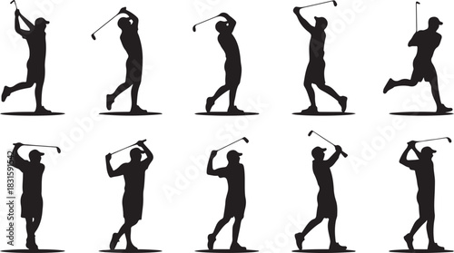 Silhouette of a golfer in various poses during a swing on a white background