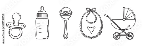 Set of black line art baby icons including a pacifier, bottle, rattle, bib, and carriage in a minimalist graphic style for newborn and infant themed designs
