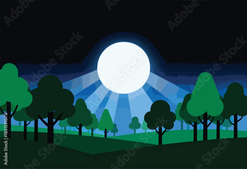 Flat graphic depicts a moonlit scene. Trees and land in shades of green. Moon beams pierce the blue-tinted night sky