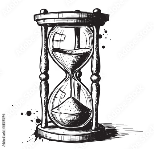 Antique hourglass hand-drawn in a black and white ink sketch style, featuring flowing sand, detailed cross-hatching, and dramatic artistic splatters for a vintage effect