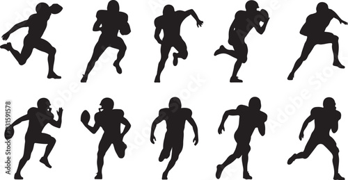 Silhouettes of american football players in motion on white background