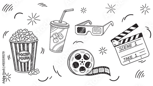 Hand-drawn black and white illustration set of cinema icons including popcorn, soda, 3D glasses, a film reel, and a clapperboard in a fun doodle style