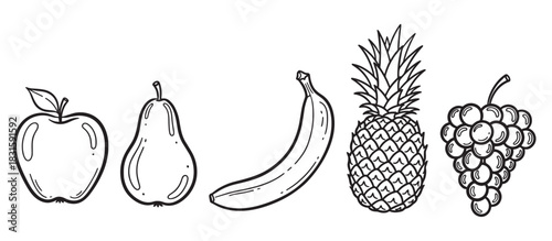 Black and white line art collection of fruits including an apple, pear, banana, pineapple, and grapes in a simple doodle sketch style illustration for healthy eating concepts