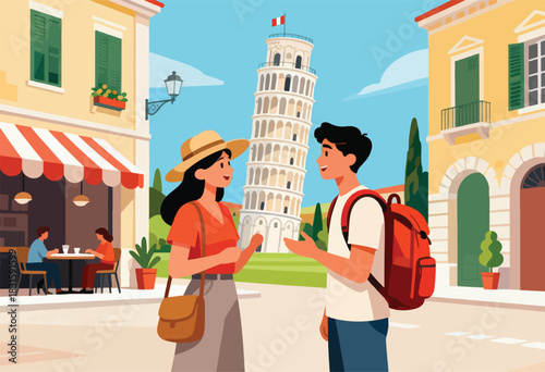 Illustration depicts a conversation in Italy with the Leaning Tower of Pisa, a cafe, and people talking