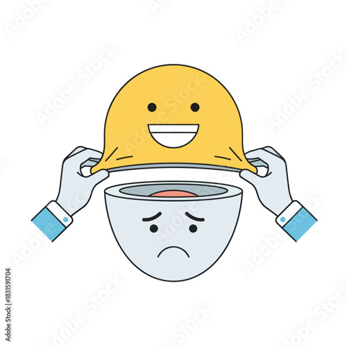 Hands revealing sad face under happy mask mental health concept.