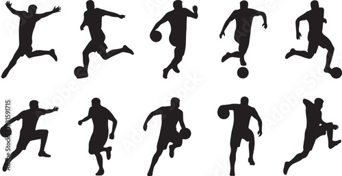 Collection of black silhouettes of soccer players in action poses