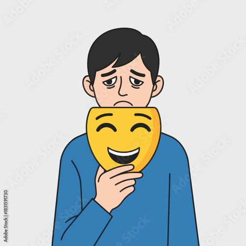 Man hides sadness behind a smiling mask expressing fake happiness.