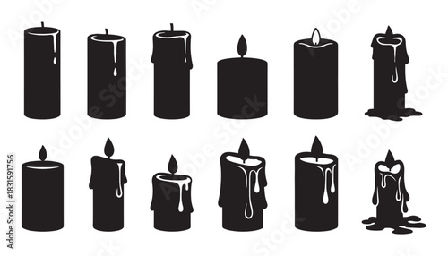 Black candle silhouette icon set showing various stages of burning and melting wax with a simple graphic design for spiritual or decorative concepts