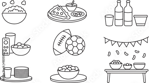 Collection of cartoon snacks line art for watching television isolated on white