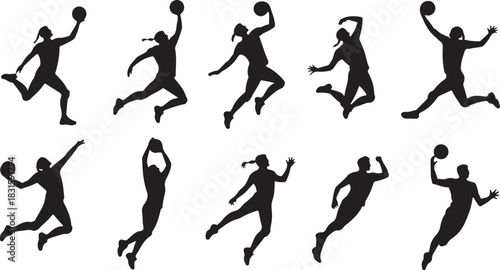 Collection of silhouettes of women playing basketball in dynamic poses