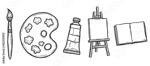 Hand drawn set of artist tools including a paintbrush, palette, paint tube, easel, and sketchbook in a black and white doodle style illustration for creative hobby concepts