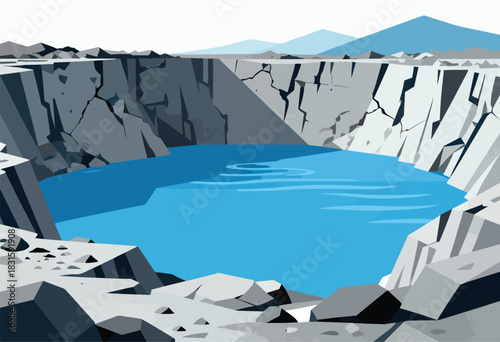 Geometric illustration of a deep crater lake, surrounded by gray rock formations, with a blue sky in the background