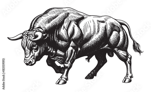 Powerful muscular bull in an aggressive stance with its head lowered, drawn in a detailed vintage black and white woodcut or engraving art style