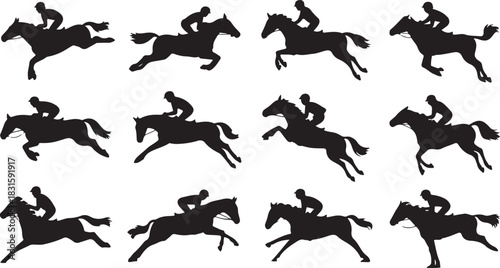 Collection of horse riding silhouettes in various poses and actions