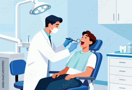 An illustrated dental checkup scene A dentist examines a patient's open mouth with mirror and light