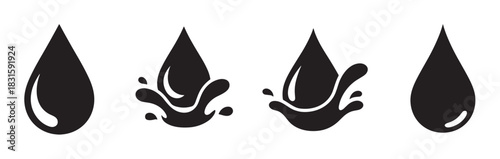 Black liquid drop and splash icon set showing simple teardrop shapes and dynamic splashing motion in a minimalist graphic vector style for various design elements