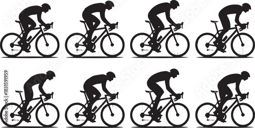 Silhouette of a cyclist in eight different riding positions