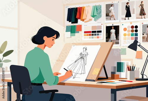 An artist sketches a fashion design on a drawing board in a bright studio, surrounded by inspiration