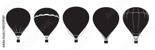 Set of five black hot air balloon silhouettes with different graphic designs, presented as a collection of minimalist icons for travel, adventure, and transportation concepts