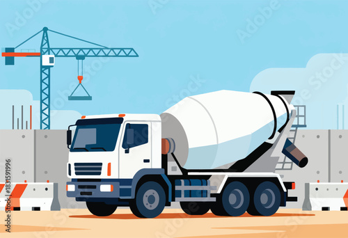 A digital illustration depicts a cement truck at a construction site with a crane and concrete barriers