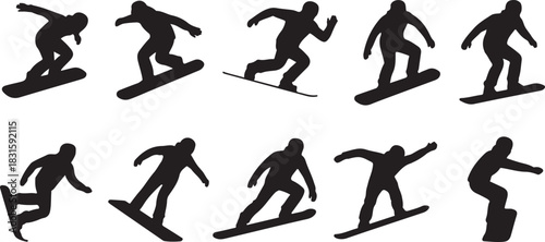 Collection of silhouette snowboarder poses in motion on white background