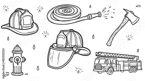 Set of firefighter equipment illustrations including a helmet, fire truck, hose, axe, and hydrant in a hand-drawn black and white doodle style for emergency service concepts