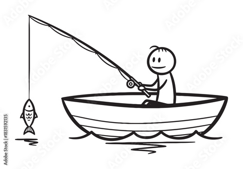 Simple stick figure person fishing in a small boat has successfully caught a fish on the line, a charming black and white hand-drawn illustration with a happy mood