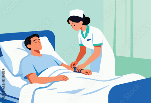 A nurse in white uniform and cap taking the blood pressure of a patient sleeping in a hospital bed