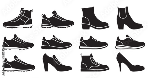 Collection of black and white shoe icons featuring various styles like sneakers, boots, and high heels, presented as a set of minimalist graphic silhouettes for men and women