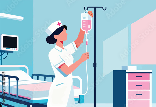 A medical illustration depicting a nurse in a hospital room, preparing an IV drip. Calm, clean, pastel aesthetic