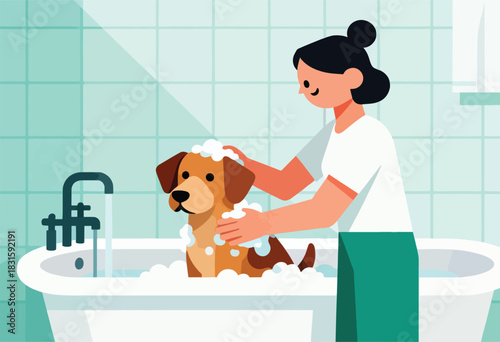 An illustration depicting a person giving a dog a bath in a tub filled with bubbles. The person is smiling