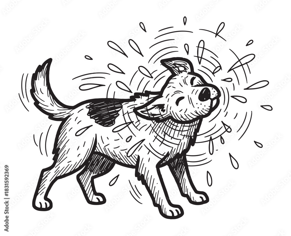 Fototapeta premium Happy cartoon dog shaking water off its wet fur after a bath, with droplets splashing everywhere in a playful hand-drawn black and white sketch style illustration