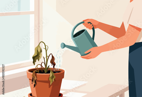 Illustration shows a person watering a dead potted plant inside a room. Sunlight streams through a window