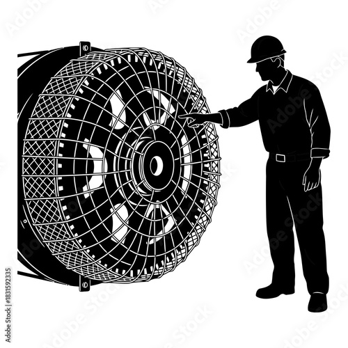Engineer inspecting large industrial electric generator or motor component isolated on white background, Vector