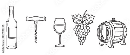 Hand-drawn collection of winemaking elements including a bottle, corkscrew, glass, grapes, and wooden barrel, illustrated in a simple black and white line art sketch style